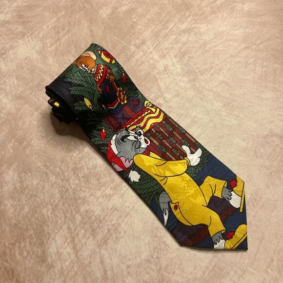 Vintage 90s Cartoon Corner Tom & Jerry Christmas Holiday Neck Tie Silk Winter - Picture 2 of 7